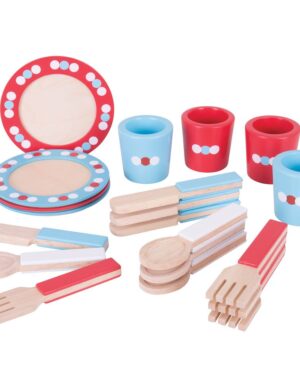 Bigjigs Toys Role Play Dinner Service Tea Set - Kids Tea Set with Toddler Cutlery , Toy Kitchen Accessories for Wooden Play Kitchen , Toy Plates and Cutlery Set