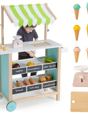 INFANS Wooden Grocery Store Marketplace Toy, Supermarket Pretend Play, Extra Storage 6 Ice Creams Scales Bells Chalkboards, Fun Indoor Farmer's Market Stand Set Gift for Ages 3+