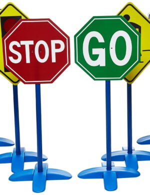 edxeducation-69110 Traffic Sign Set - Set of 6 - Stoplight, Speed Limit, Pedestrian, GO, One Way and Stop - Easy 3-Step Assembly - Create Obstacle Courses for Bikes, Toy Trucks and Scooters