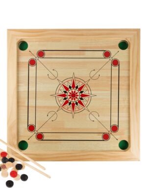 Hey! Play! Carrom Board Game - Wooden Strike and Pocket Game Set with Group of Black and Beige Coins, 2 Red Queen Coins, Striker Coin, and Cue Sticks, Brown