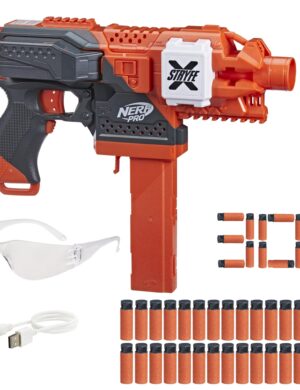 NERF Pro Stryfe X Dart Semi-Auto Blaster, Rechargeable LiPo Battery, 30 AccuStrike Half-Length Darts, 15-Dart Magazine, 150 FPS, Eyewear, 14+ (Amazon Exclusive)