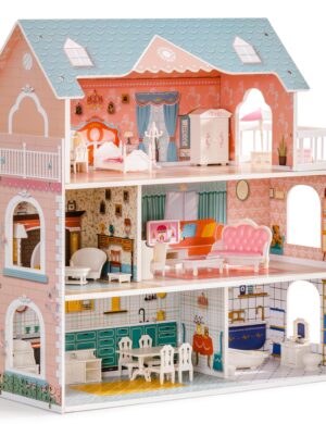 ROBUD Wooden Dollhouse for Kids Girls, Toy Gift for 3 4 5 6 Years Old, with Furniture